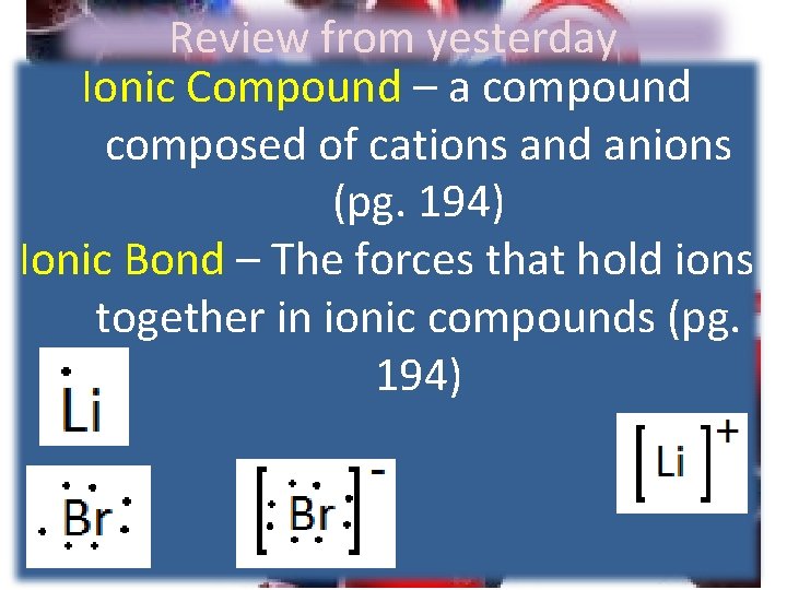 Review from yesterday Ionic Compound – a compound composed of cations and anions (pg.