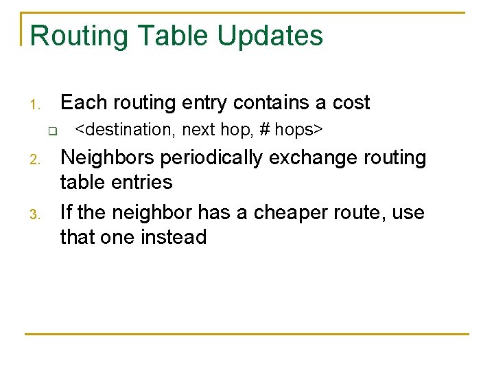 Routing Table Updates Each routing entry contains a cost 1. q 2. 3. <destination,