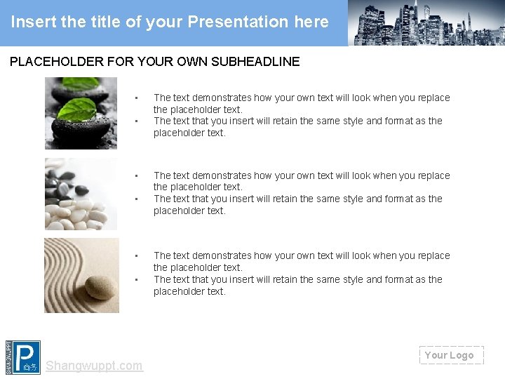 Insert the title of your Presentation here PLACEHOLDER FOR YOUR OWN SUBHEADLINE • •