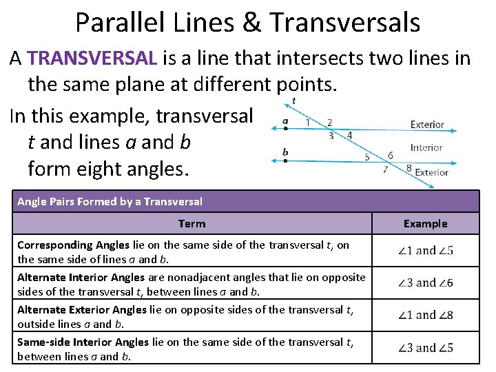 Parallel Lines & Transversals A TRANSVERSAL is a line that intersects two lines in