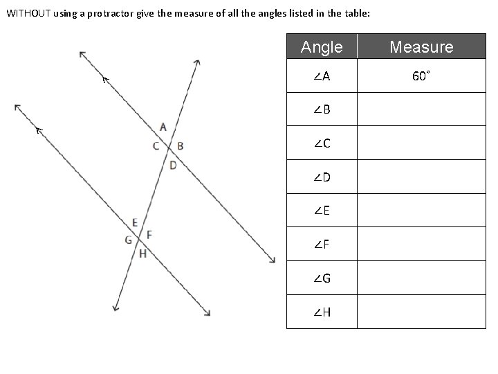 WITHOUT using a protractor give the measure of all the angles listed in the