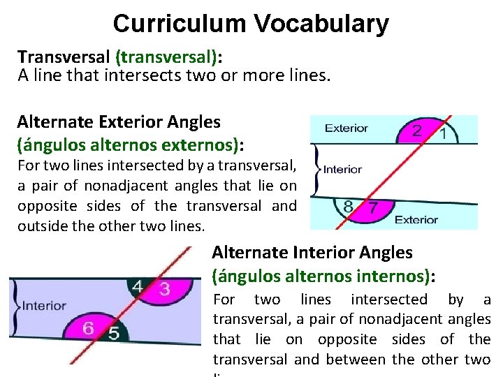 Curriculum Vocabulary Transversal (transversal): A line that intersects two or more lines. Alternate Exterior