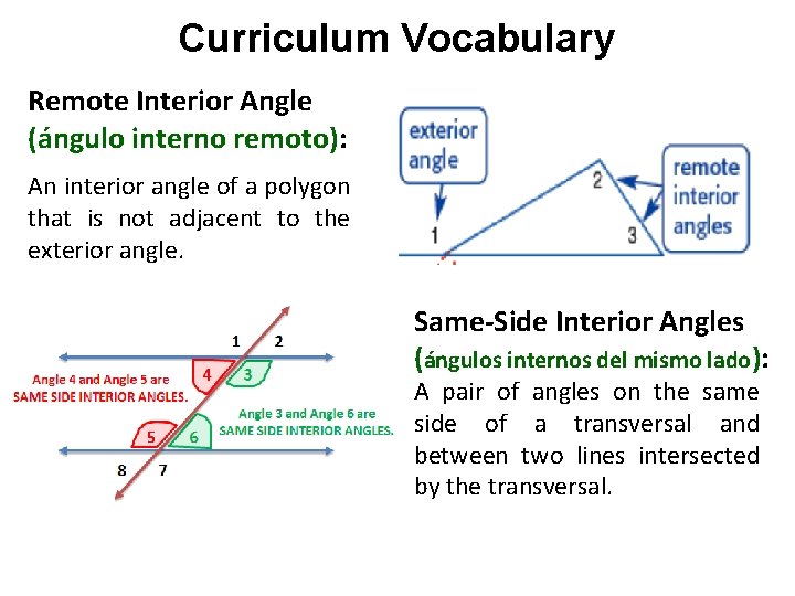 Curriculum Vocabulary Remote Interior Angle (ángulo interno remoto): An interior angle of a polygon