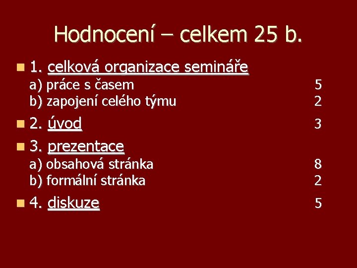 Hodnocení – celkem 25 b. 1. celková organizace semináře a) práce s časem b)