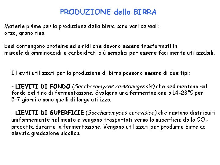 PRODUZIONE della BIRRA Materie prime per la produzione della birra sono vari cereali: orzo,