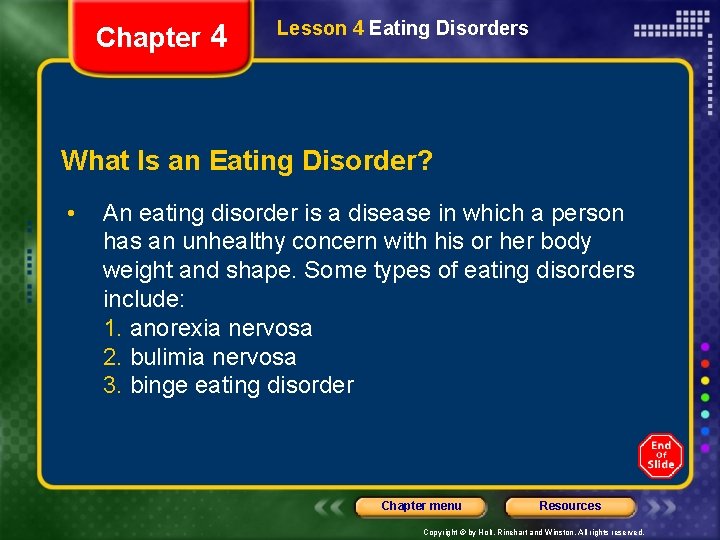 Chapter 4 Lesson 4 Eating Disorders Bellringer Make