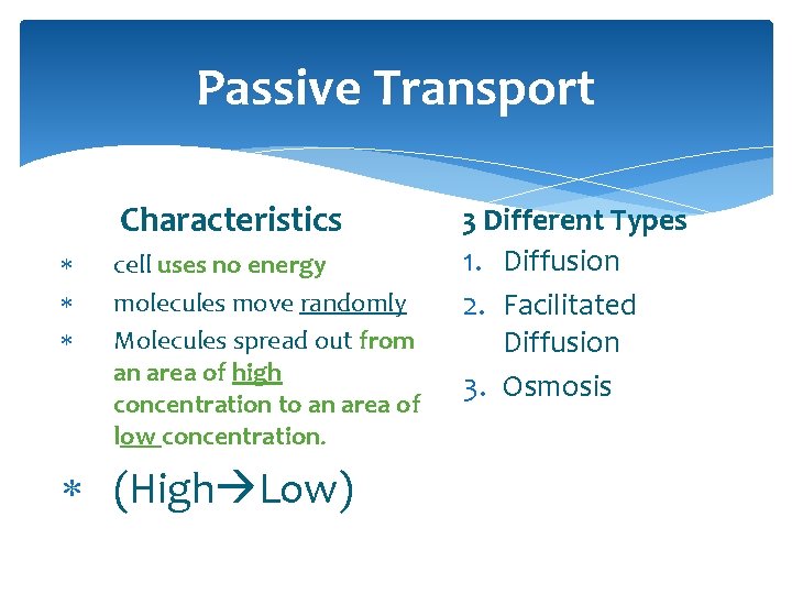 Passive Transport Characteristics cell uses no energy molecules move randomly Molecules spread out from