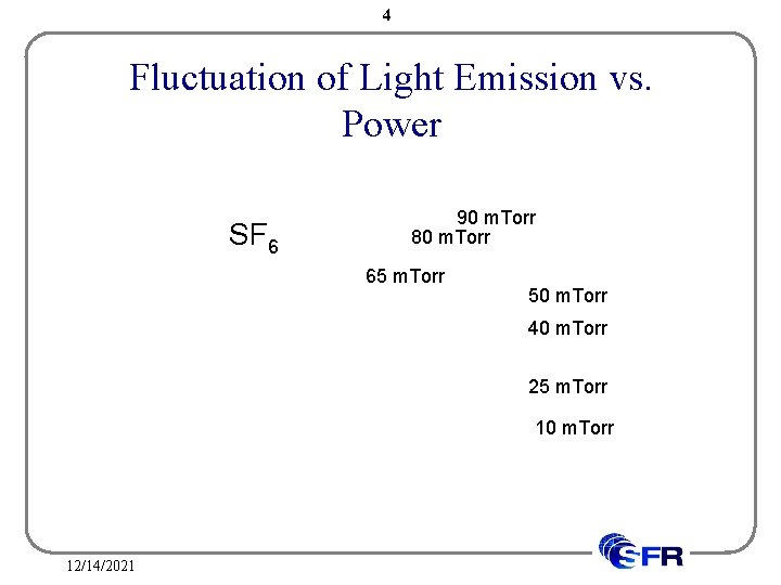 4 Fluctuation of Light Emission vs. Power SF 6 90 m. Torr 80 m.