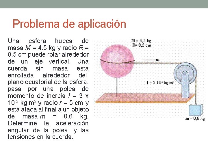 Problema de aplicación Una esfera hueca de masa M = 4. 5 kg y