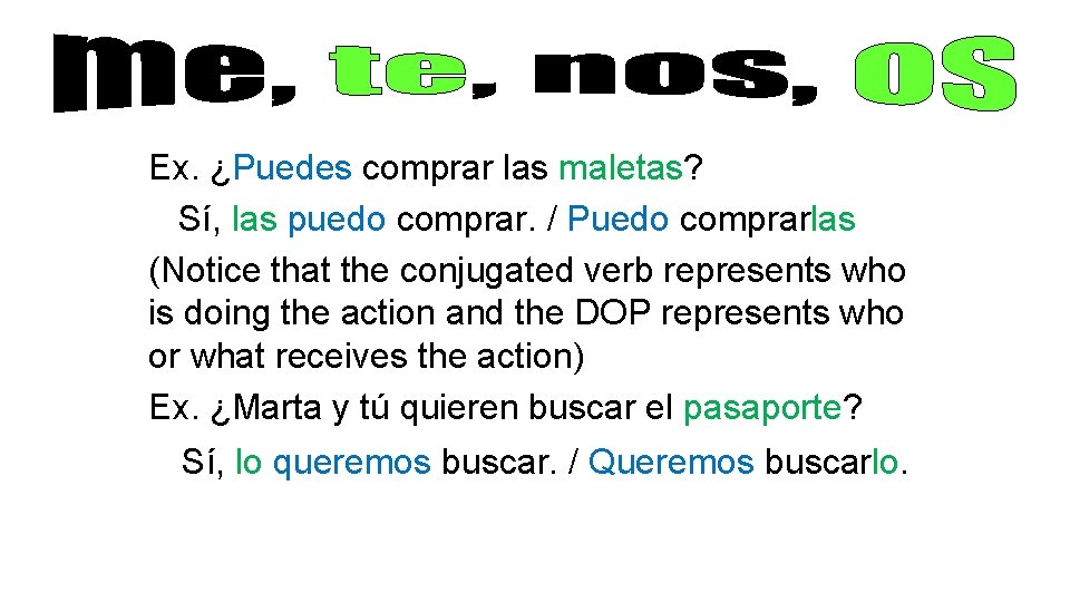 Ex. ¿Puedes comprar las maletas? Sí, las puedo comprar. / Puedo comprarlas (Notice that