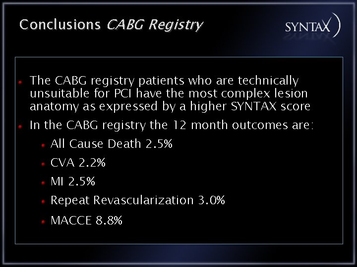 Conclusions CABG Registry The CABG registry patients who are technically unsuitable for PCI have