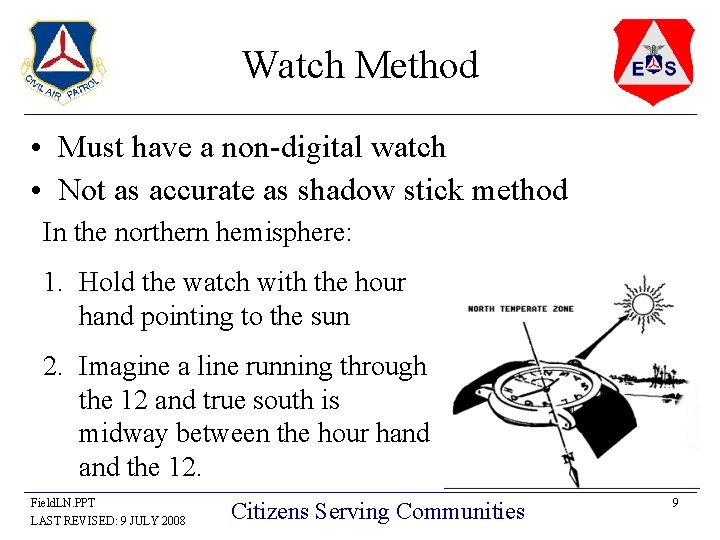 Watch Method • Must have a non-digital watch • Not as accurate as shadow Watch Method • Must have a non-digital watch • Not as accurate as shadow