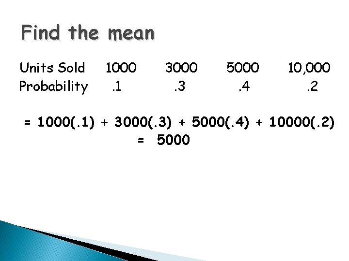 Find the mean Units Sold Probability 1000. 1 3000. 3 5000. 4 10, 000.