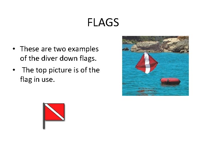 FLAGS • These are two examples of the diver down flags. • The top