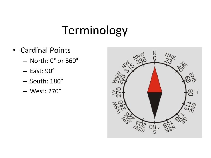 Terminology • Cardinal Points – – North: 0° or 360° East: 90° South: 180°