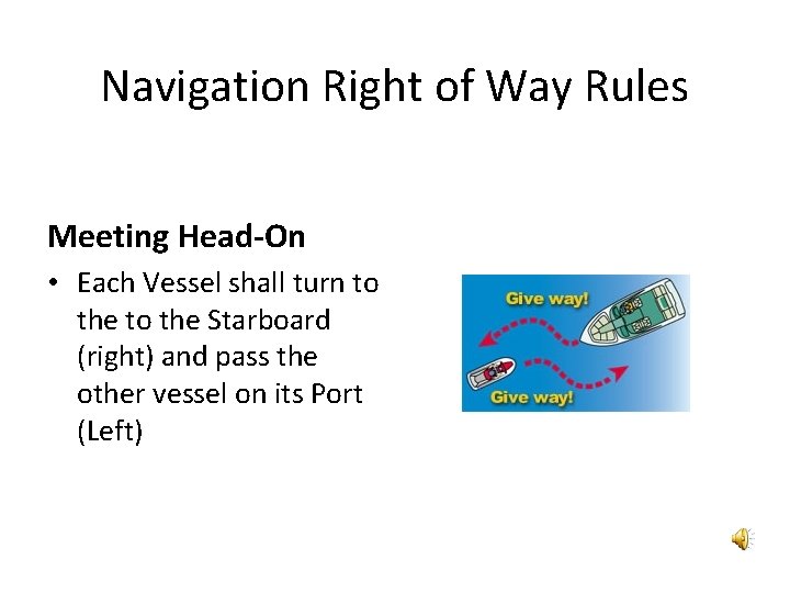 Navigation Right of Way Rules Meeting Head-On • Each Vessel shall turn to the