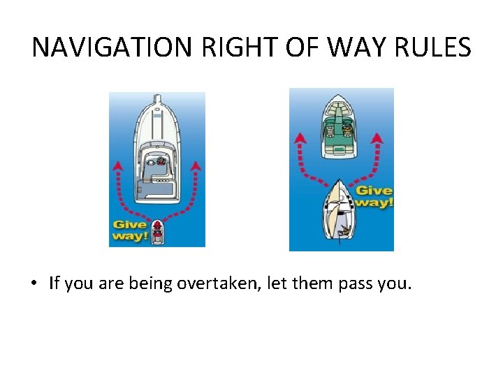 NAVIGATION RIGHT OF WAY RULES • If you are being overtaken, let them pass