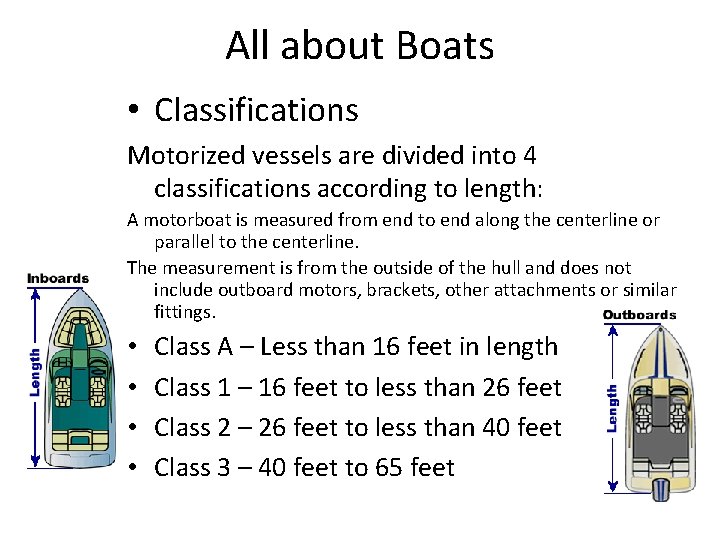 All about Boats • Classifications Motorized vessels are divided into 4 classifications according to