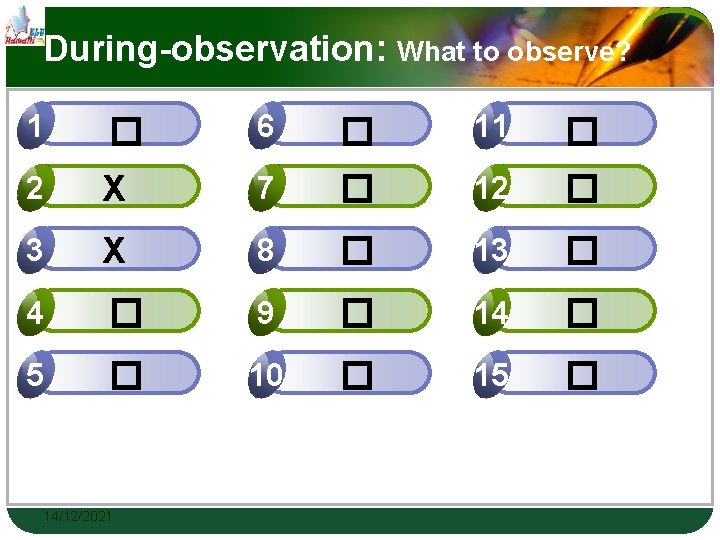 During-observation: What to observe? 1 � 6 � 11 � 2 X 7 �