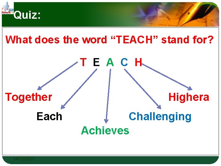 Quiz: What does the word “TEACH” stand for? T E A C H Together