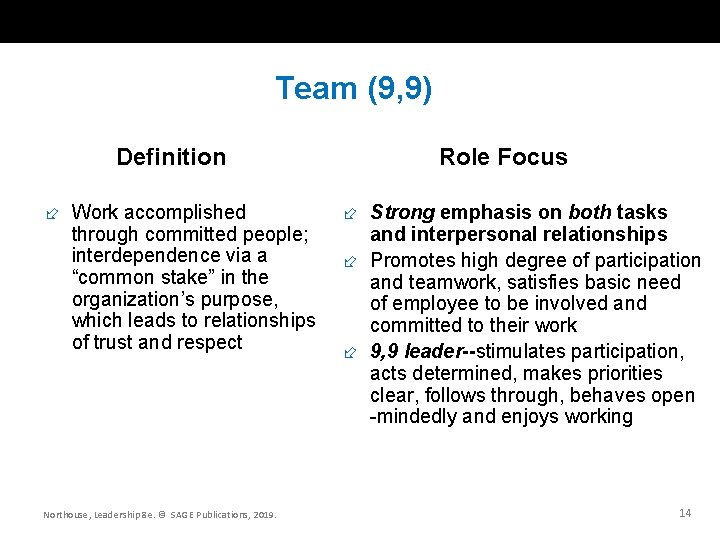 Team (9, 9) Definition Work accomplished through committed people; interdependence via a “common stake”
