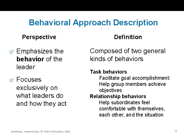 Behavioral Approach Description Perspective Emphasizes the behavior of the leader Focuses exclusively on what
