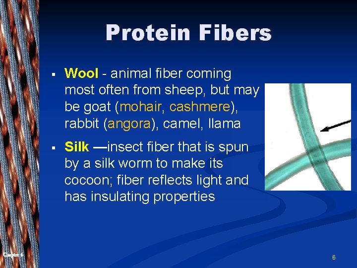Protein Fibers Chapter 6 § Wool - animal fiber coming most often from sheep,