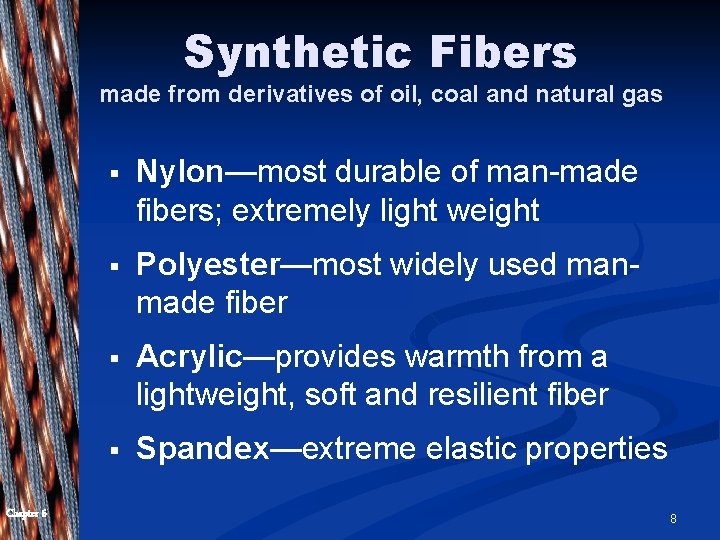 Synthetic Fibers made from derivatives of oil, coal and natural gas Chapter 6 §