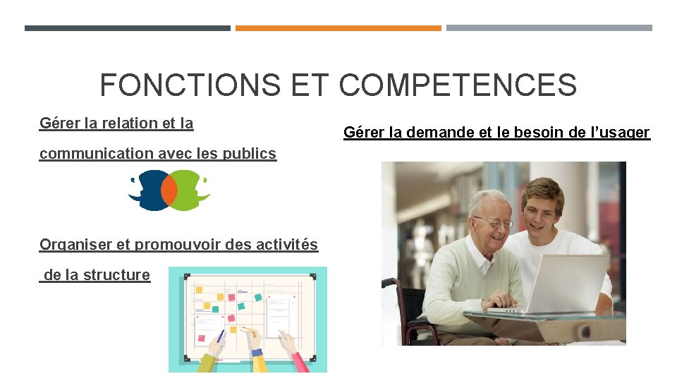 FONCTIONS ET COMPETENCES Gérer la relation et la communication avec les publics Organiser et