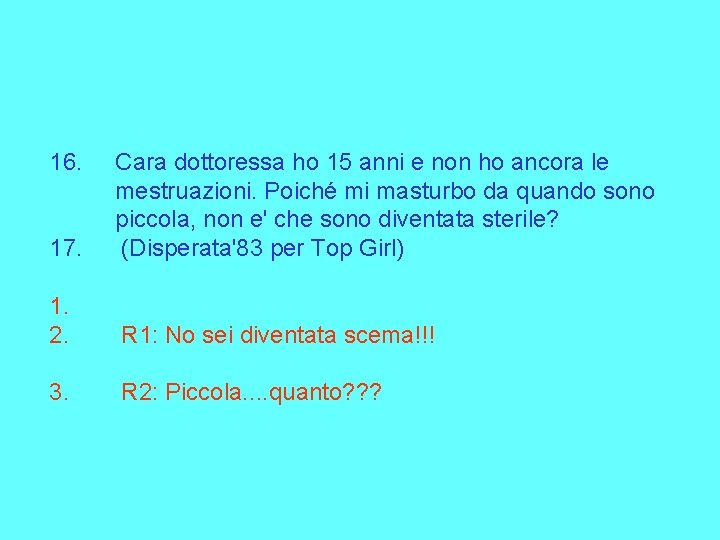 16. 17. Cara dottoressa ho 15 anni e non ho ancora le mestruazioni. Poiché