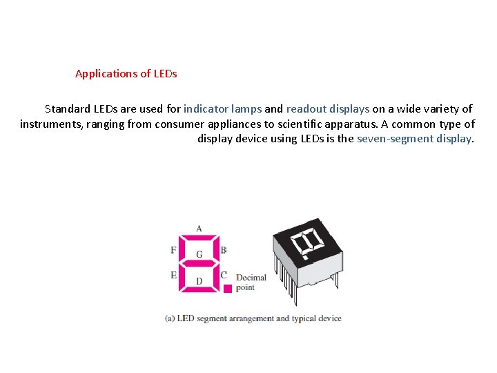 Applications of LEDs Standard LEDs are used for indicator lamps and readout displays on