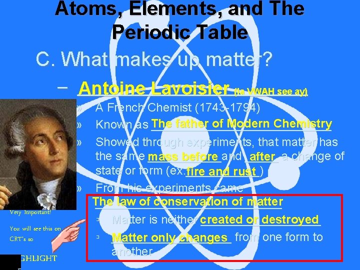Atoms, Elements, and The Periodic Table C. What makes up matter? – ____________ Antoine