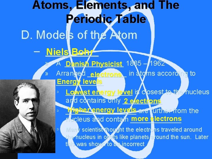 Atoms, Elements, and The Periodic Table D. Models of the Atom – _____ Niels