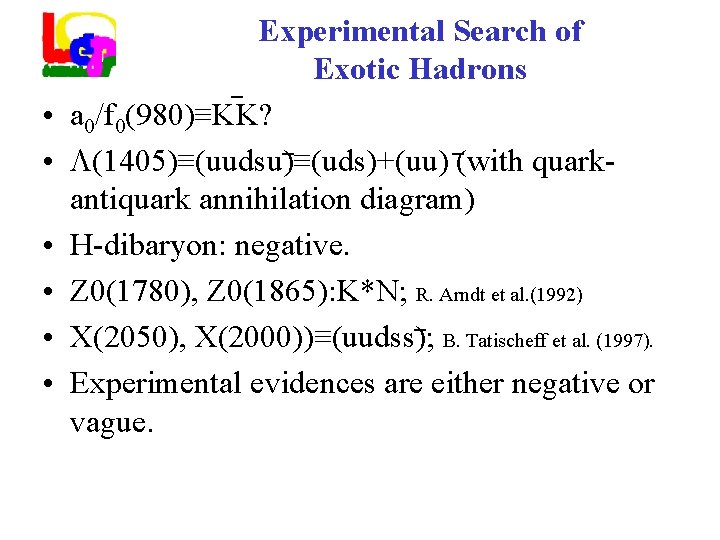  • • • Experimental Search of Exotic Hadrons ¯ a 0/f 0(980)≡KK? (1405)≡(uudsu)≡(uds)+(uu)
