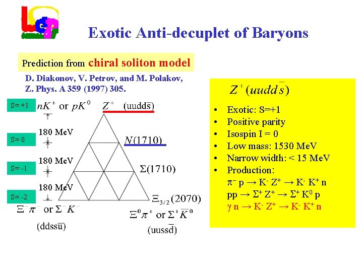 Exotic Anti-decuplet of Baryons Prediction from chiral soliton model D. Diakonov, V. Petrov, and