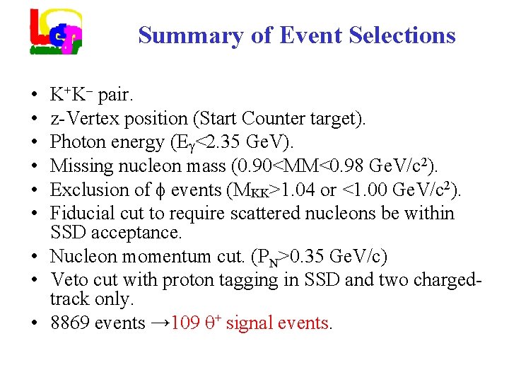 Summary of Event Selections K+K pair. z-Vertex position (Start Counter target). Photon energy (E