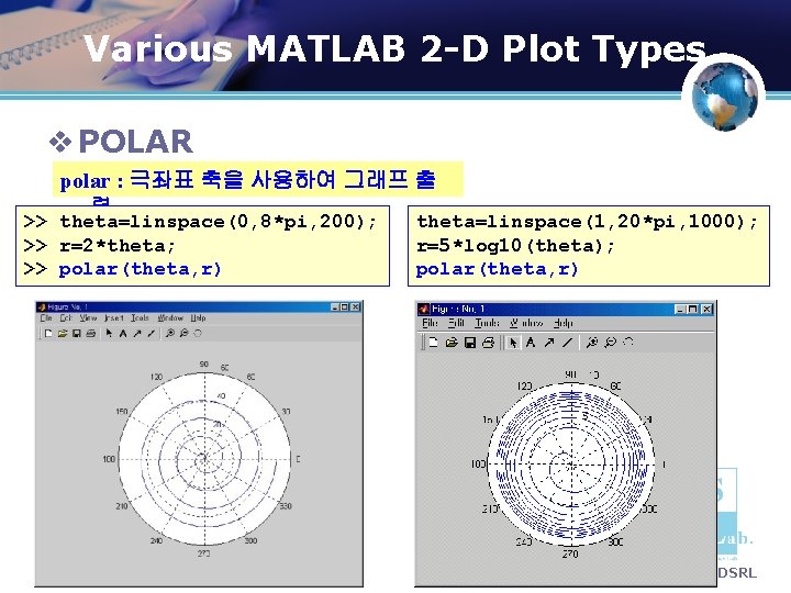 Various MATLAB 2 -D Plot Types v POLAR polar : 극좌표 축을 사용하여 그래프