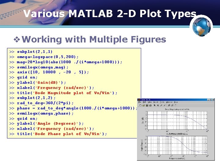 Various MATLAB 2 -D Plot Types v Working with Multiple Figures >> >> >>