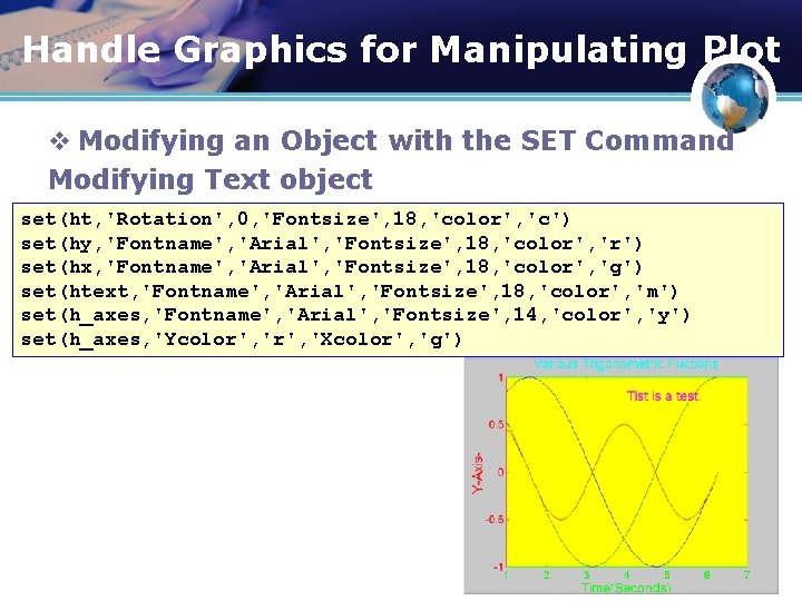 Handle Graphics for Manipulating Plot v Modifying an Object with the SET Command Modifying