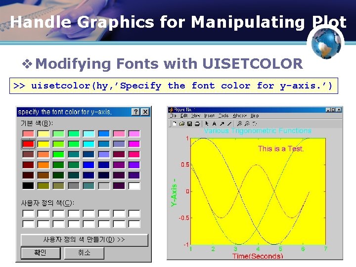 Handle Graphics for Manipulating Plot v Modifying Fonts with UISETCOLOR >> uisetcolor(hy, ’Specify the