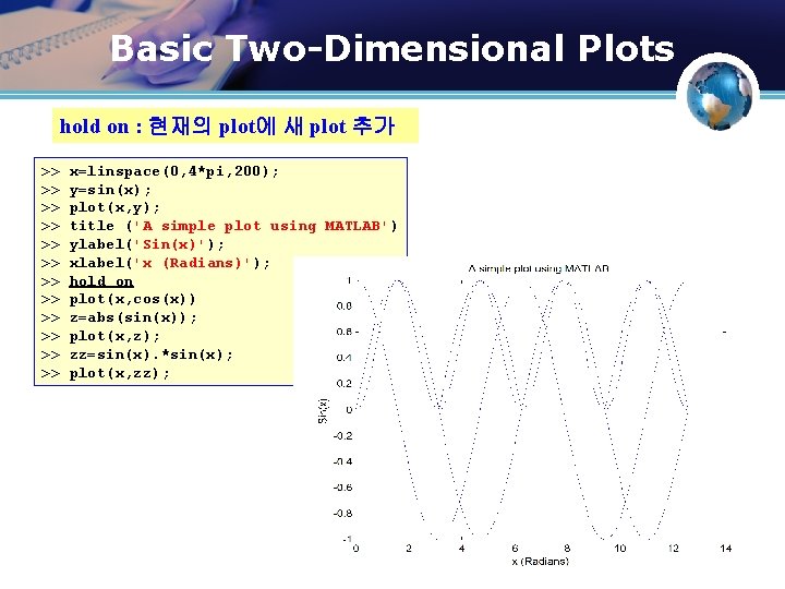 Basic Two-Dimensional Plots hold on : 현재의 plot에 새 plot 추가 >> >> >>