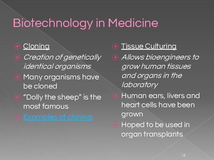 Biotechnology in Medicine ⦿ Cloning ⦿ Tissue Culturing ⦿ Creation of genetically identical organisms