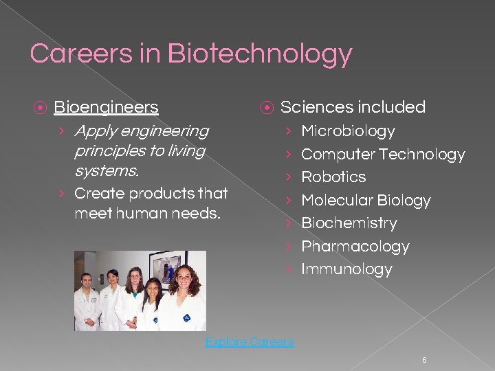 Careers in Biotechnology ⦿ Bioengineers › Apply engineering principles to living systems. › Create