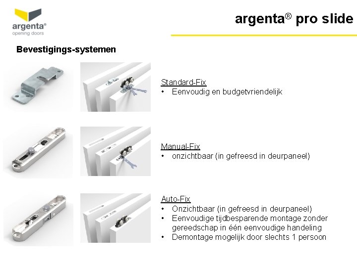 argenta® pro slide Bevestigings-systemen Standard-Fix • Eenvoudig en budgetvriendelijk Manual-Fix • onzichtbaar (in gefreesd