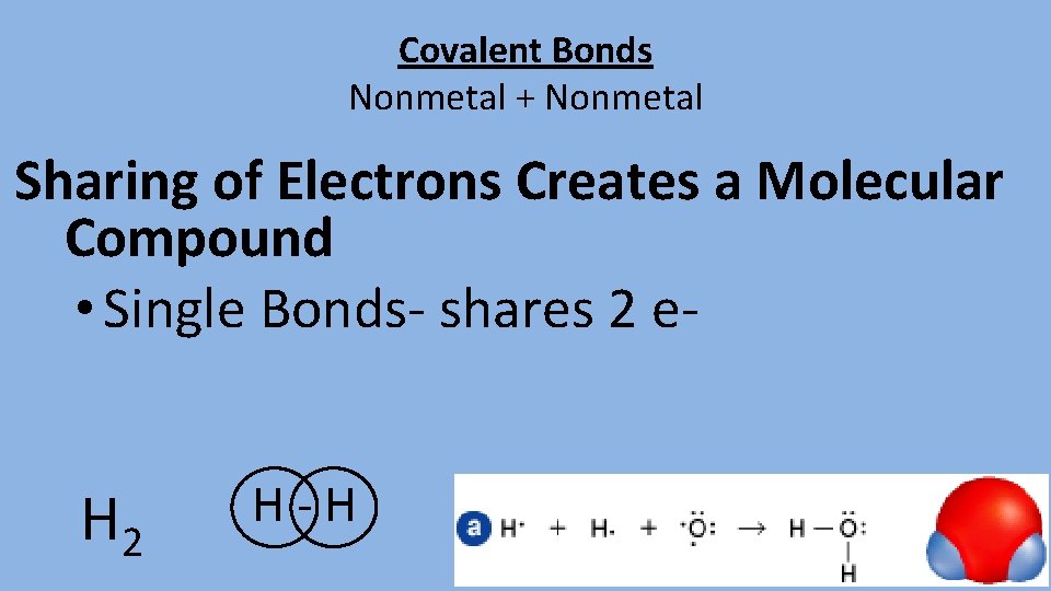 Covalent Bonds Nonmetal + Nonmetal Sharing of Electrons Creates a Molecular Compound • Single