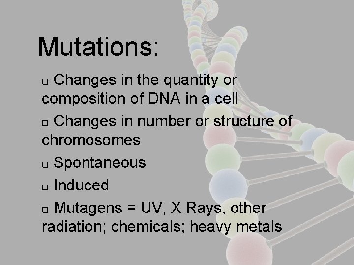 Mutations: Changes in the quantity or composition of DNA in a cell q Changes