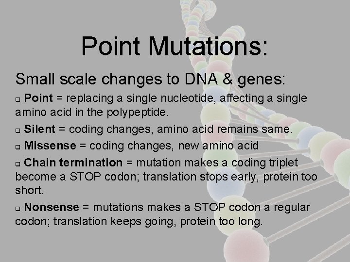 Point Mutations: Small scale changes to DNA & genes: Point = replacing a single