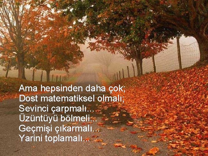 Ama hepsinden daha çok; Dost matematiksel olmalı; Sevinci çarpmalı. . . Üzüntüyü bölmeli. .