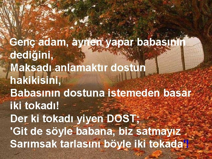 Genç adam, aynen yapar babasının dediğini, Maksadı anlamaktır dostun hakikisini, Babasının dostuna istemeden basar