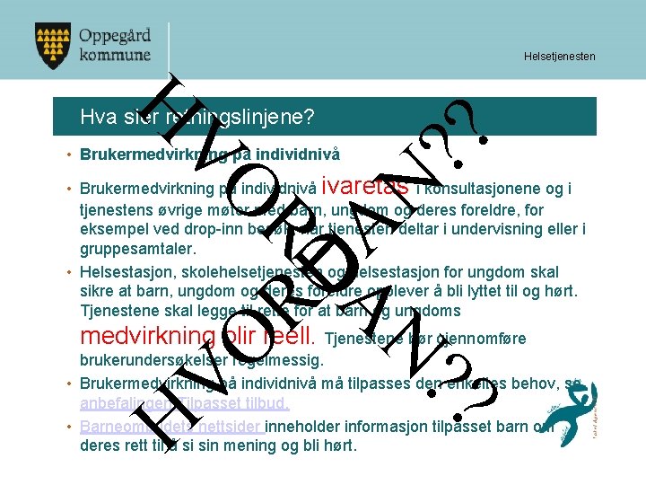 H Helsetjenesten V Hva sier retningslinjene? O • Brukermedvirkning på individnivå ? ? RD